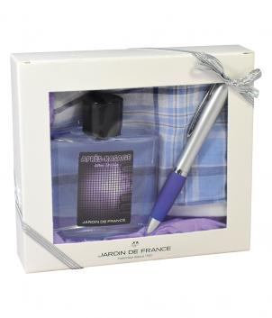 Coffret cadeaux : après rasage + mouchoir + stylo